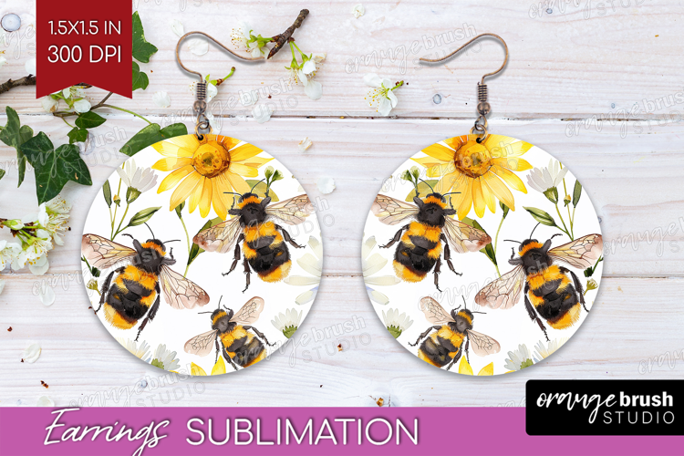 Bee Round Earrings - Watercolor Bee PNG Sublimation