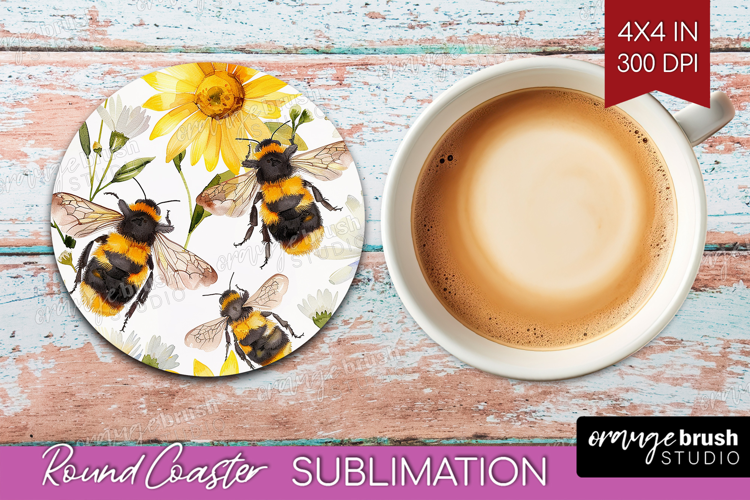 Bee Round Coaster - Watercolor Bee Coaster PNG Sublimation