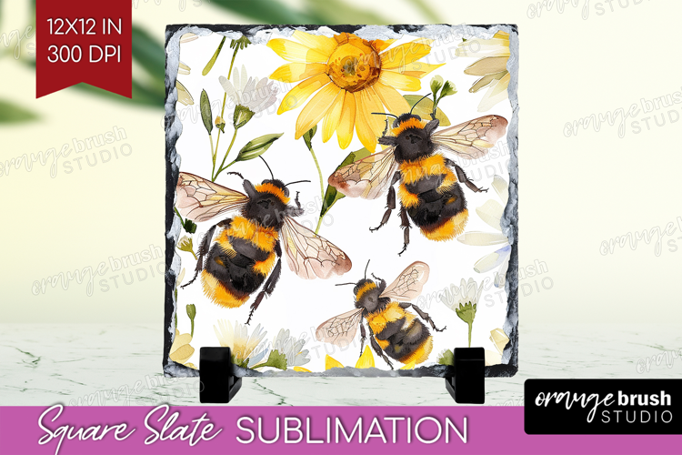 Bee Slate PNG - Watercolor Bee Square Slate Sublimation