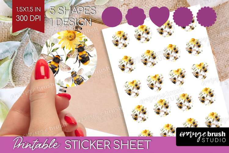 Bee Round Sticker - Watercolor Bee Printable Sticker Sheet