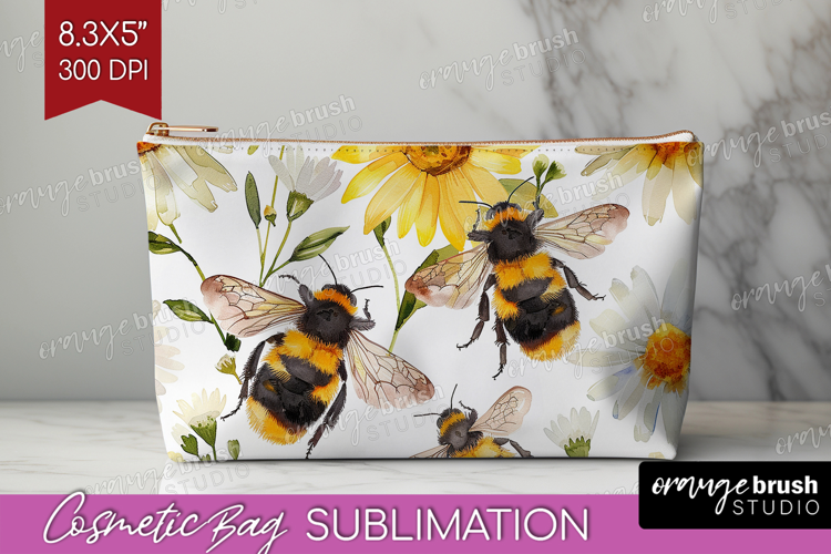 Bee Cosmetic Bag - Watercolor Bee Makeup Bag PNG Sublimation
