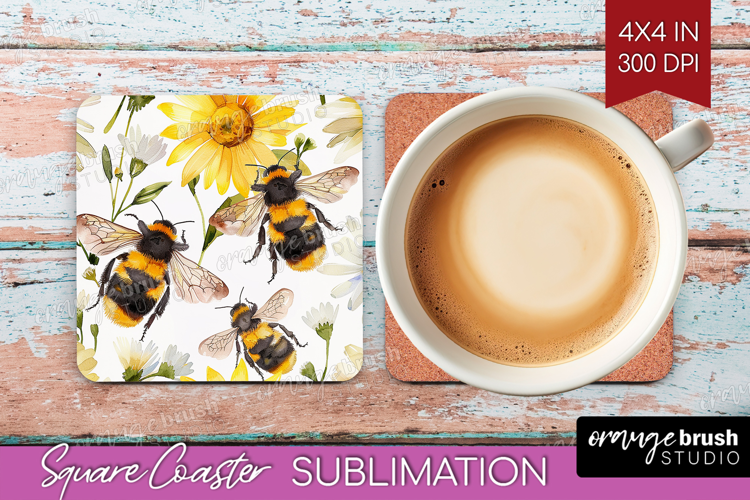 Bee Square Coaster - Watercolor Bee Coaster PNG Sublimation