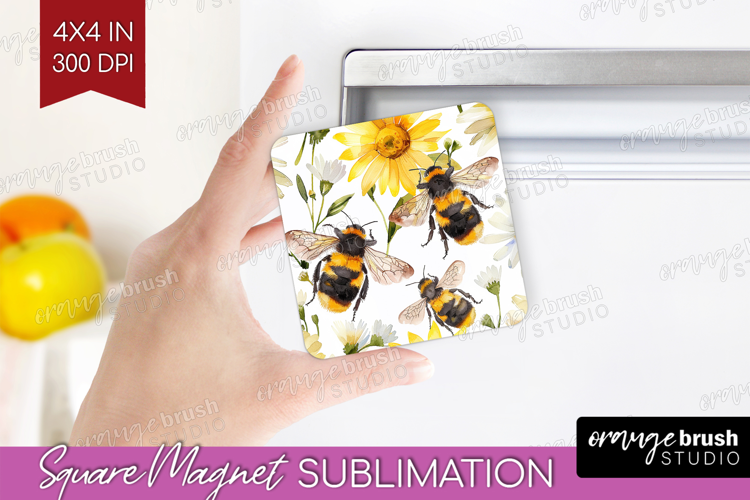 Bee Magnet Sublimation - Watercolor Bee Square Magnet PNG