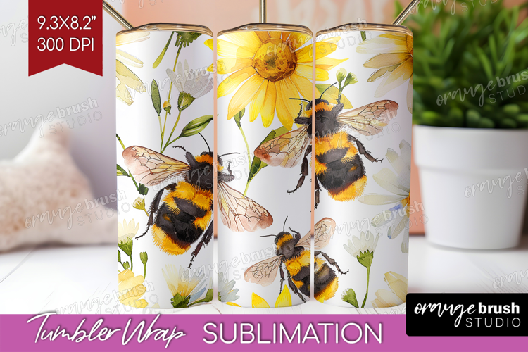 Bee Tumbler Wrap - Watercolor Bee Tumbler PNG Sublimation