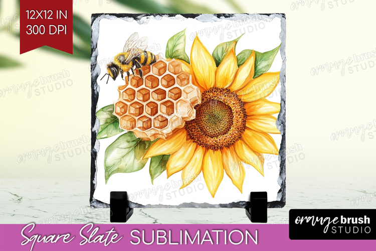 Bee Slate PNG - Watercolor Bee Square Slate Sublimation