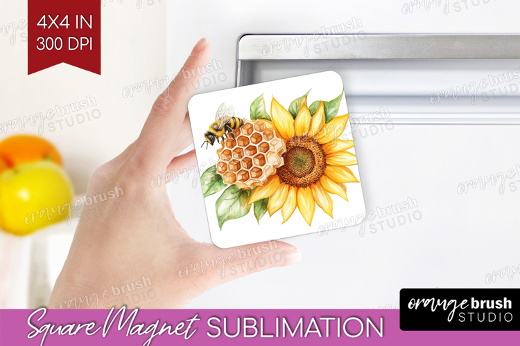 Bee Magnet Sublimation - Watercolor Bee Square Magnet PNG