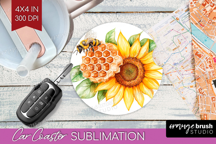 Bee Car Coaster - Watercolor Bee Coaster PNG Sublimation