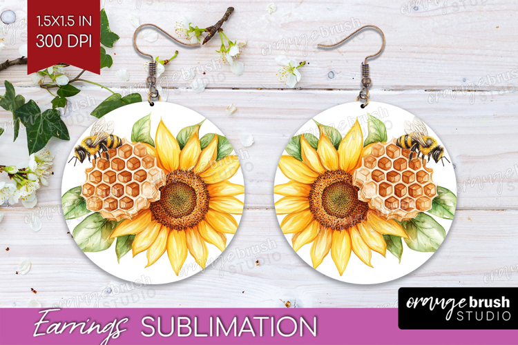 Bee Round Earrings - Watercolor Bee PNG Sublimation