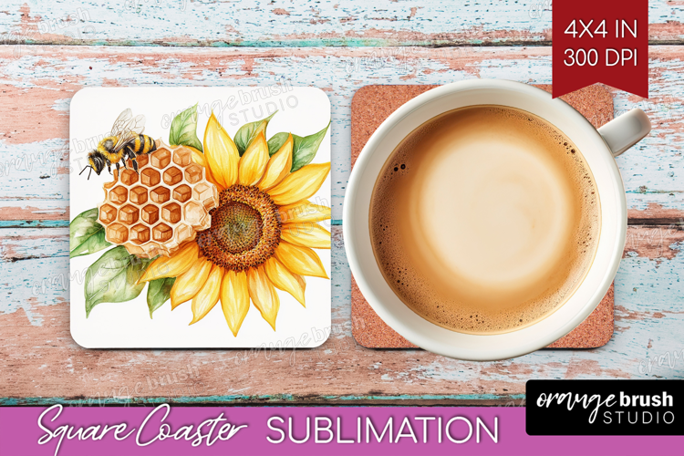 Bee Square Coaster - Watercolor Bee Coaster PNG Sublimation