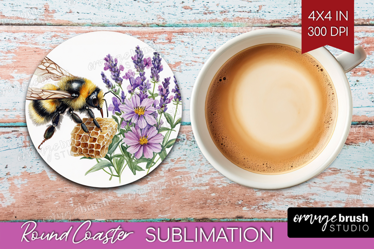 Bee Round Coaster - Watercolor Bee Coaster PNG Sublimation