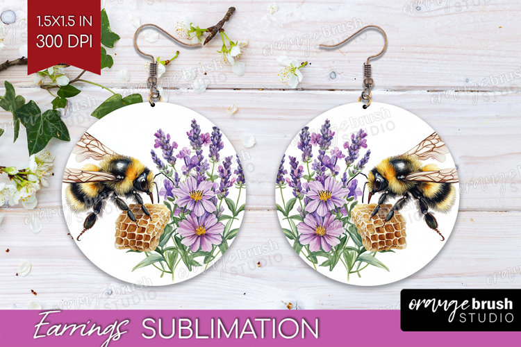 Bee Round Earrings - Watercolor Bee PNG Sublimation
