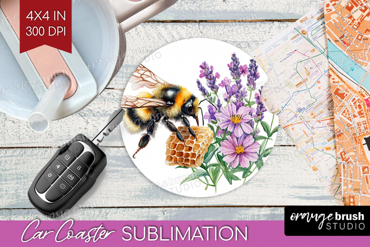 Bee Car Coaster - Watercolor Bee Coaster PNG Sublimation