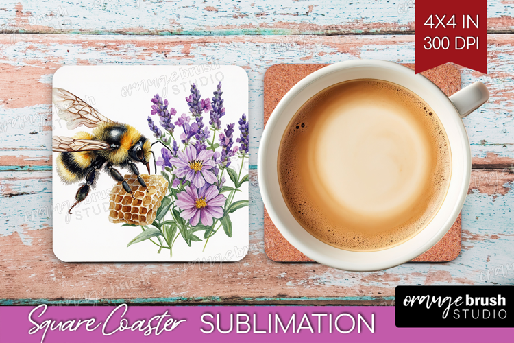 Bee Square Coaster - Watercolor Bee Coaster PNG Sublimation