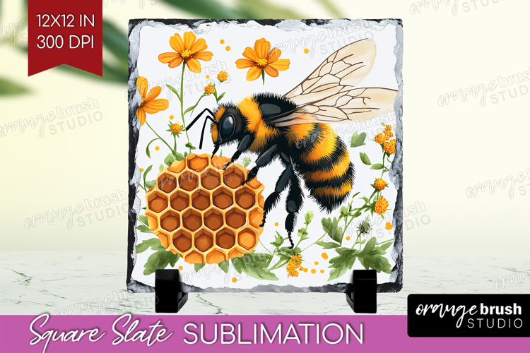 Bee Slate PNG - Watercolor Bee Square Slate Sublimation