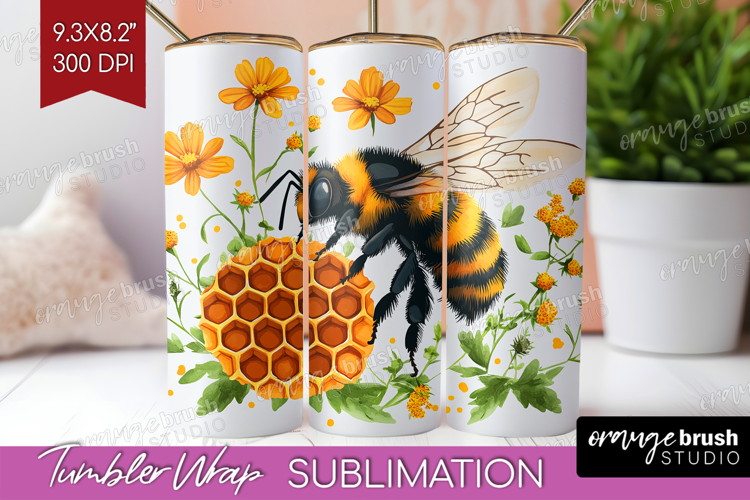 Bee Tumbler Wrap - Watercolor Bee Tumbler PNG Sublimation