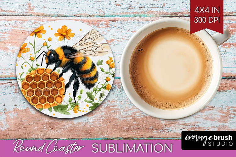 Bee Round Coaster - Watercolor Bee Coaster PNG Sublimation