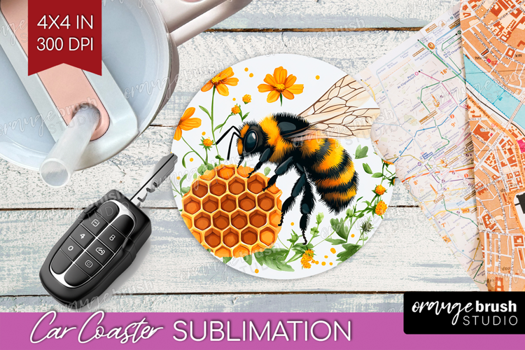 Bee Car Coaster - Watercolor Bee Coaster PNG Sublimation