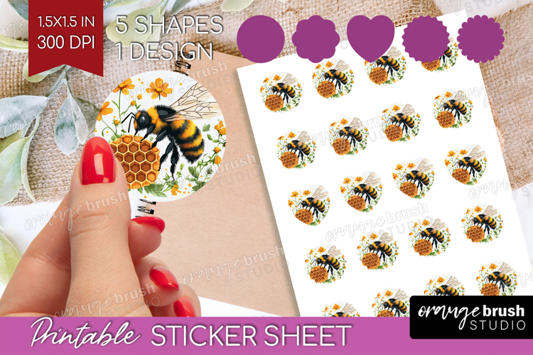 Bee Round Sticker - Watercolor Bee Printable Sticker Sheet