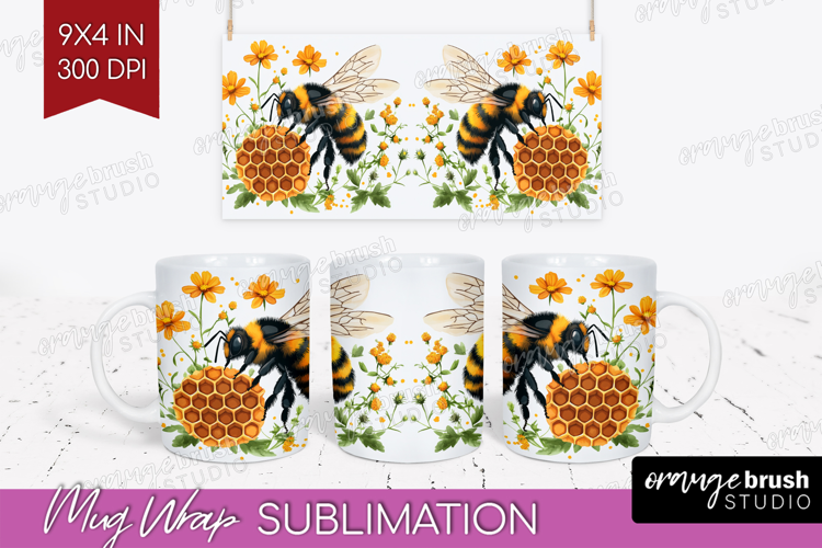 Bee Mug Wrap - Watercolor Bee Mug PNG Sublimation