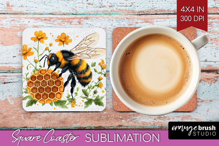 Bee Square Coaster - Watercolor Bee Coaster PNG Sublimation