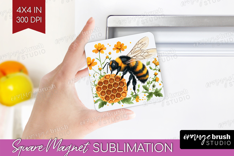Bee Magnet Sublimation - Watercolor Bee Square Magnet PNG