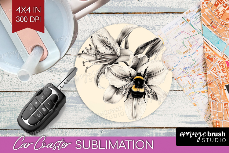 Bee Car Coaster - Watercolor Bee Coaster PNG Sublimation