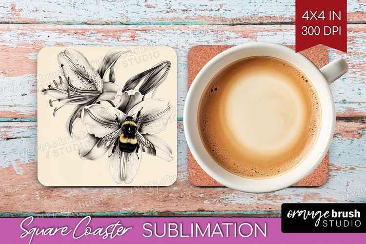 Bee Square Coaster - Watercolor Bee Coaster PNG Sublimation