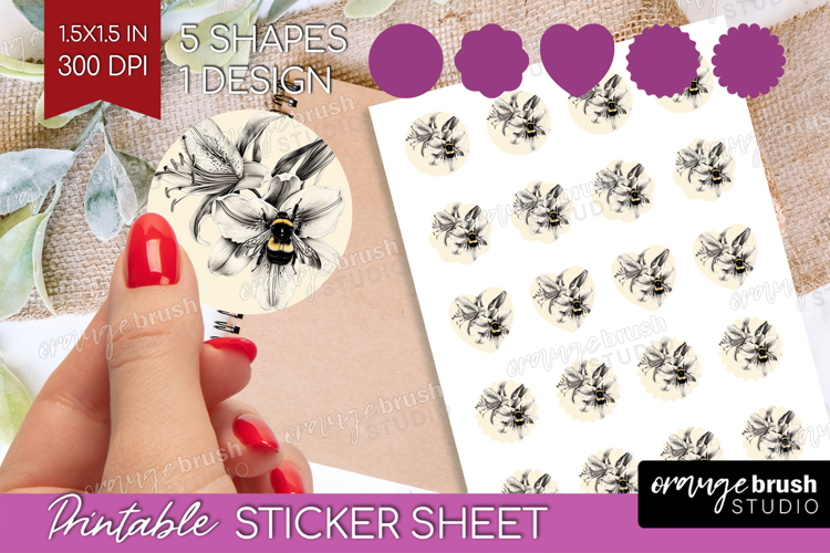Bee Round Sticker - Watercolor Bee Printable Sticker Sheet