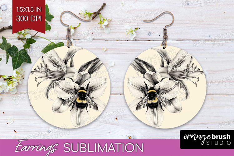 Bee Round Earrings - Watercolor Bee PNG Sublimation