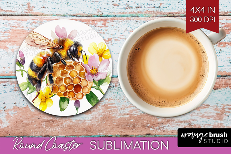 Bee Round Coaster - Watercolor Bee Coaster PNG Sublimation