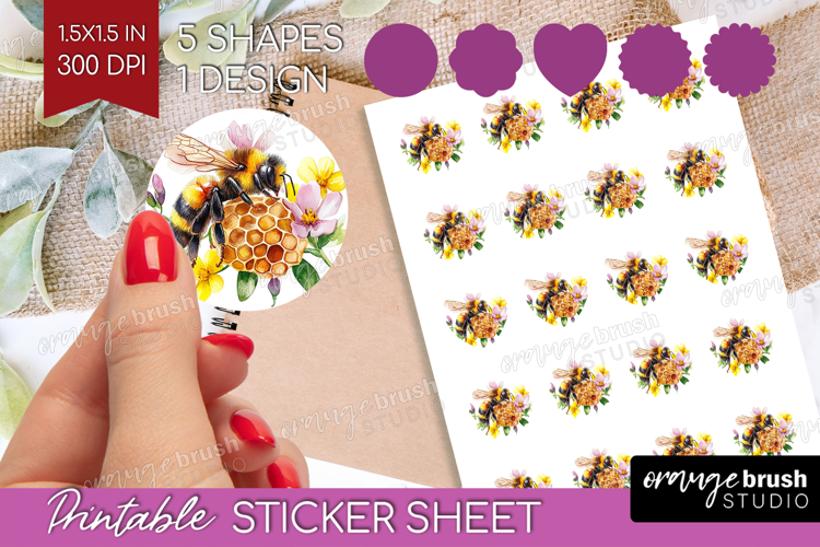 Bee Round Sticker - Watercolor Bee Printable Sticker Sheet