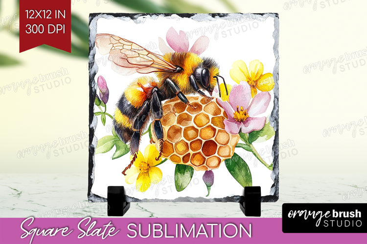 Bee Slate PNG - Watercolor Bee Square Slate Sublimation