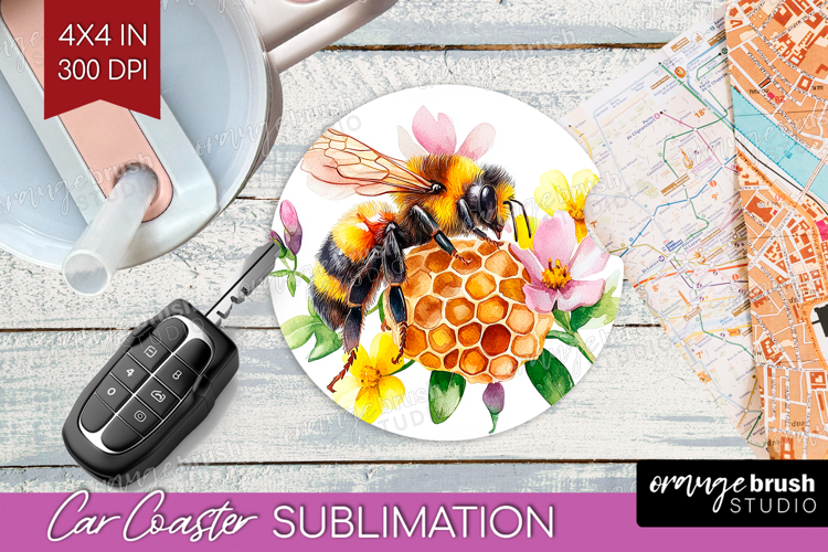 Bee Car Coaster - Watercolor Bee Coaster PNG Sublimation