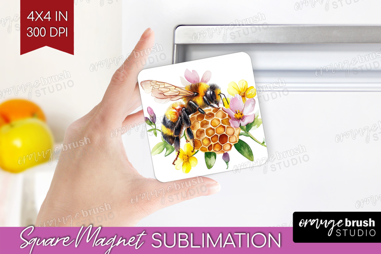Bee Magnet Sublimation - Watercolor Bee Square Magnet PNG