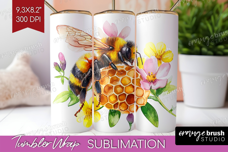 Bee Tumbler Wrap - Watercolor Bee Tumbler PNG Sublimation
