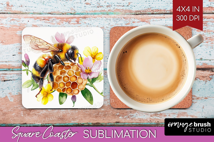 Bee Square Coaster - Watercolor Bee Coaster PNG Sublimation