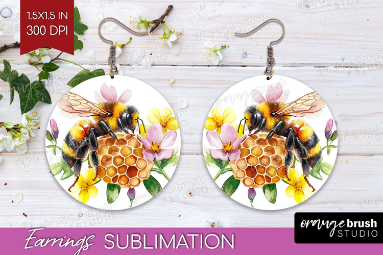 Bee Round Earrings - Watercolor Bee PNG Sublimation
