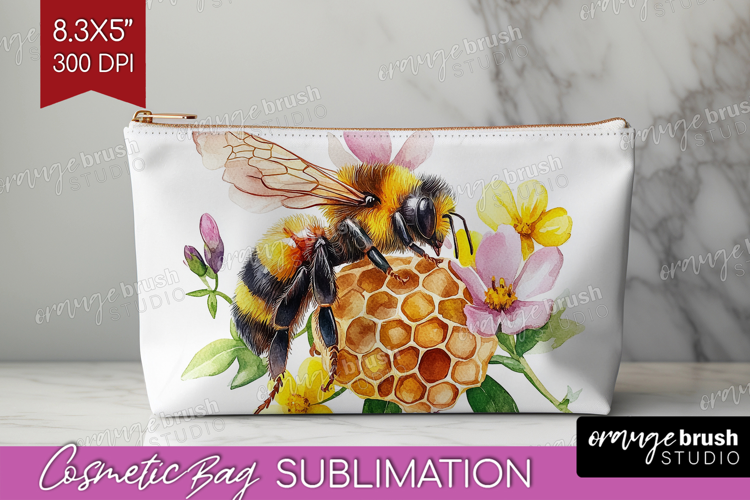 Bee Cosmetic Bag - Watercolor Bee Makeup Bag PNG Sublimation
