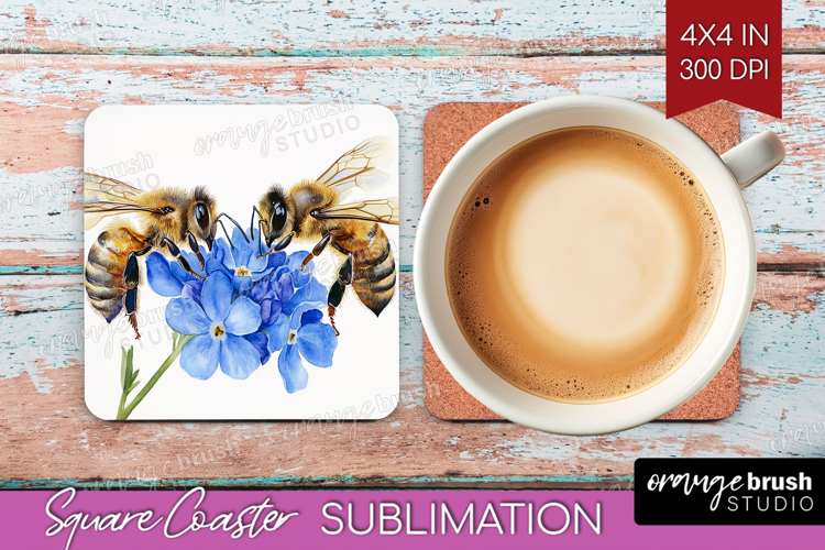 Bee Square Coaster - Watercolor Bee Coaster PNG Sublimation