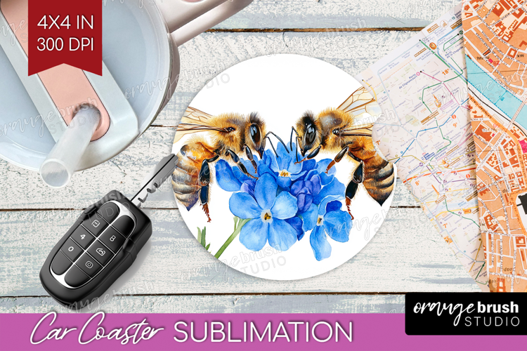 Bee Car Coaster - Watercolor Bee Coaster PNG Sublimation