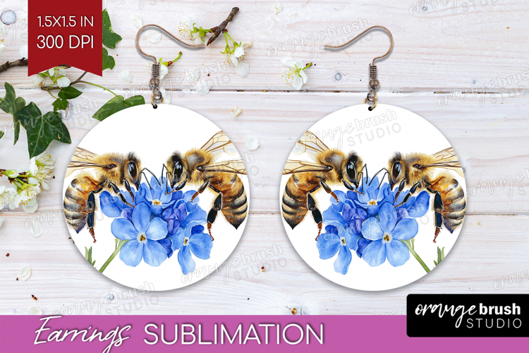Bee Round Earrings - Watercolor Bee PNG Sublimation