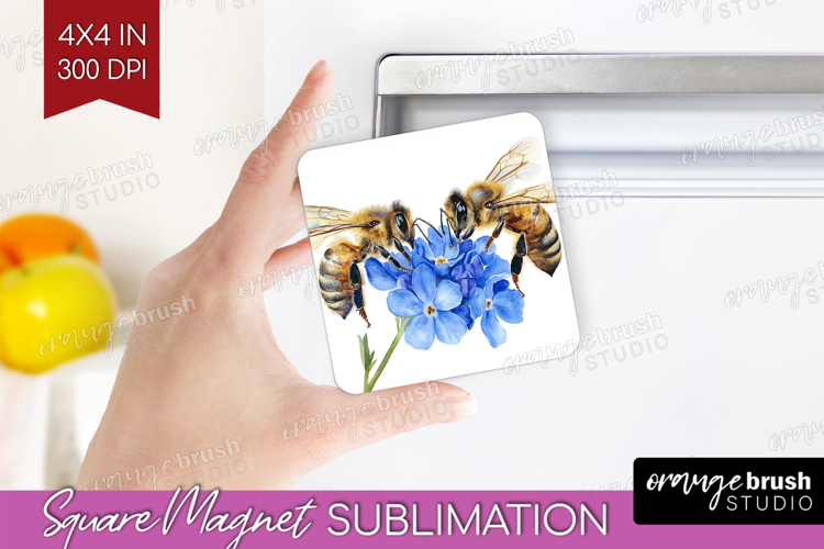 Bee Magnet Sublimation - Watercolor Bee Square Magnet PNG