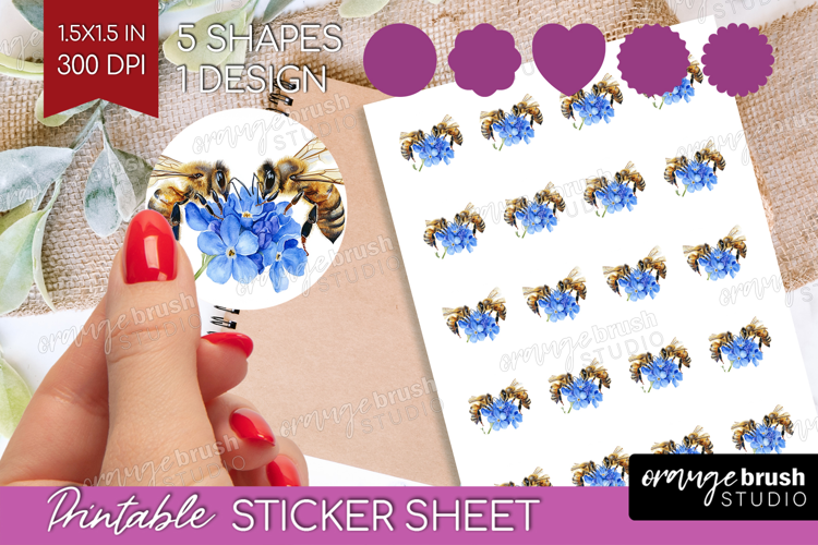 Bee Round Sticker - Watercolor Bee Printable Sticker Sheet