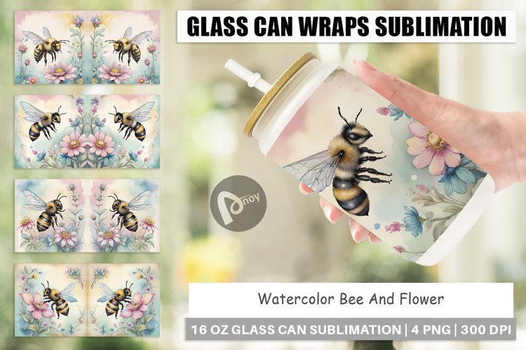 Glass Can Wraps Watercolor Bee Flowers