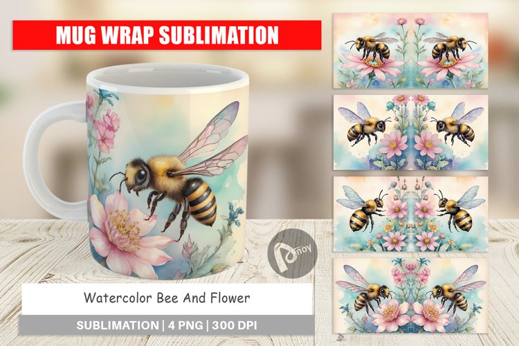 Mug Wrap Design Watercolor Bee Flowers