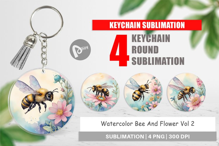 Keychain Watercolor Bee Flowers