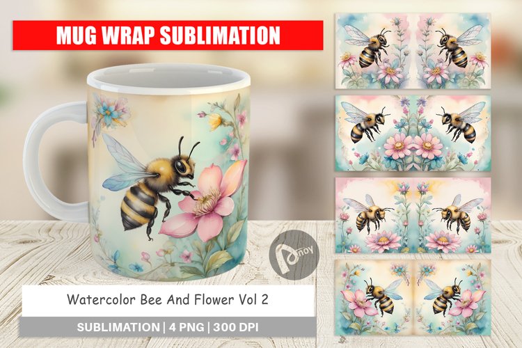 Mug Wrap Design Watercolor Bee Flowers