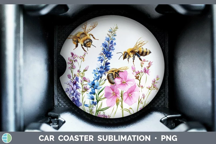 Watercolor Bee Car Coaster Sublimation Designs