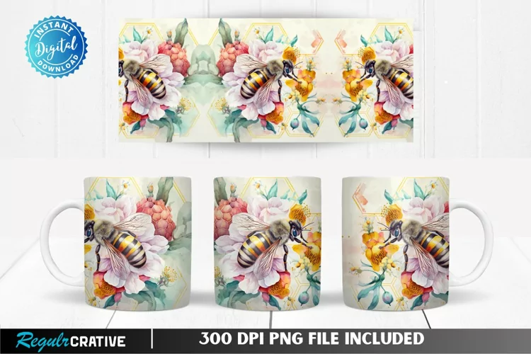 Watercolor Bee Flowers Honey 11 & 15 Oz Mug Sublimation