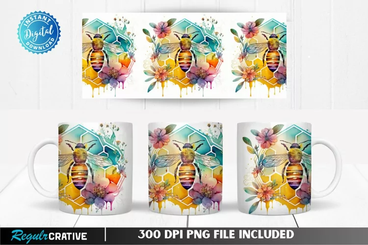 Watercolor Bee Flowers 11 & 15 Oz Mug Sublimation